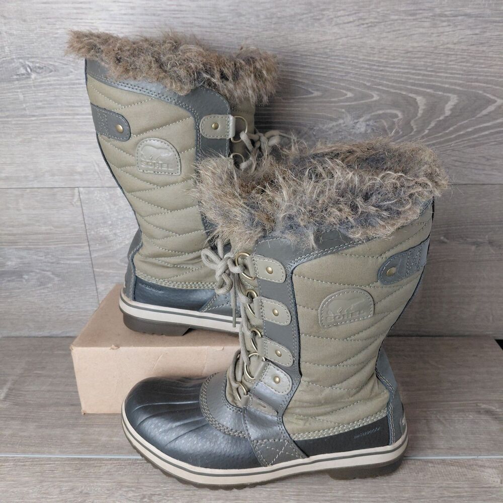 Sorel Tofino II Winter Boots Womans 8 Green Gray Tall Waterproof Faux Fur Snow